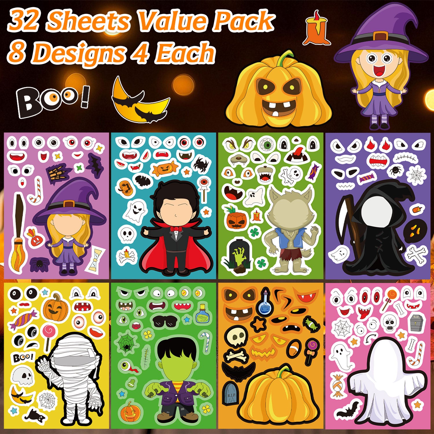 32 Sheets Halloween Make-a-face Sticker Set