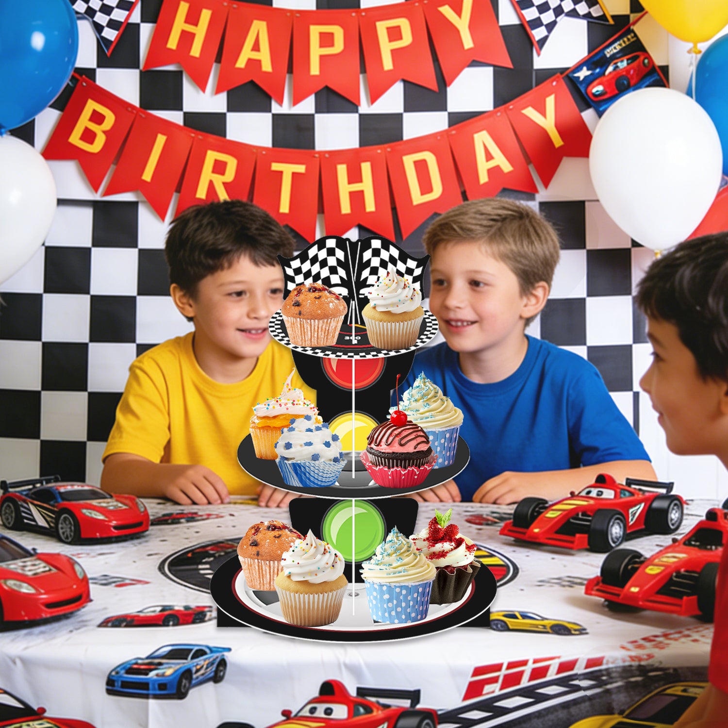 3-Tier Racing Car Theme Cardboard Cupcake Stand（Traffic Light）